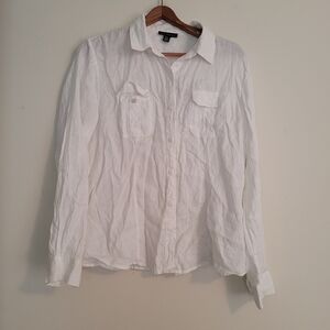 Saks Fifth Avenue 100% Linen Collared Button Down Shirt White